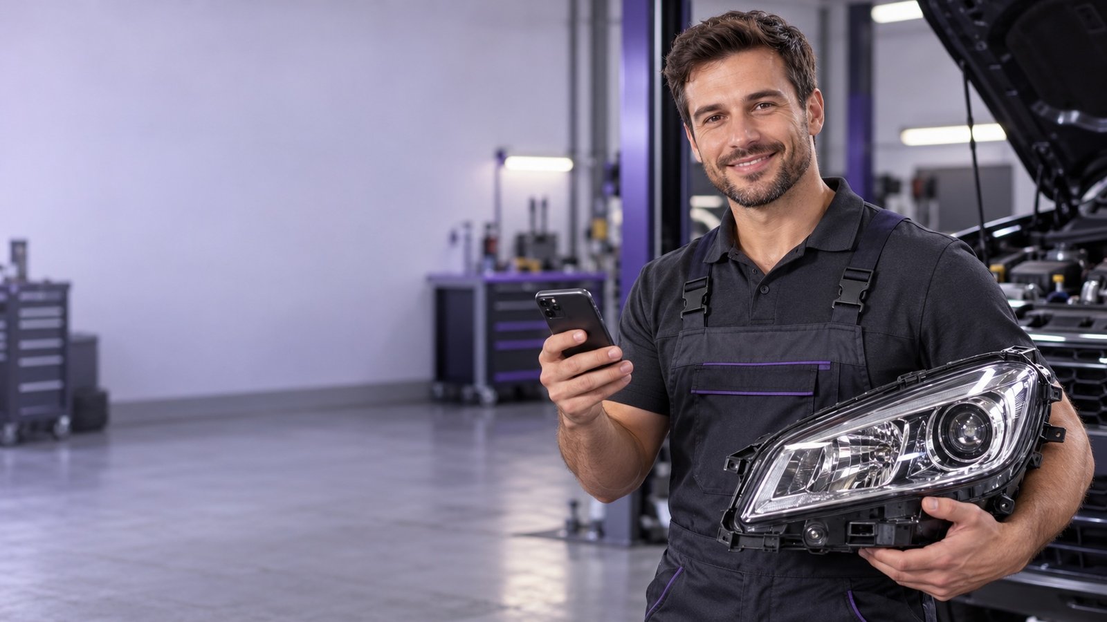 Mecanic pregătit să ajute la alegerea piesei potrivite, ținând un far auto și un telefon